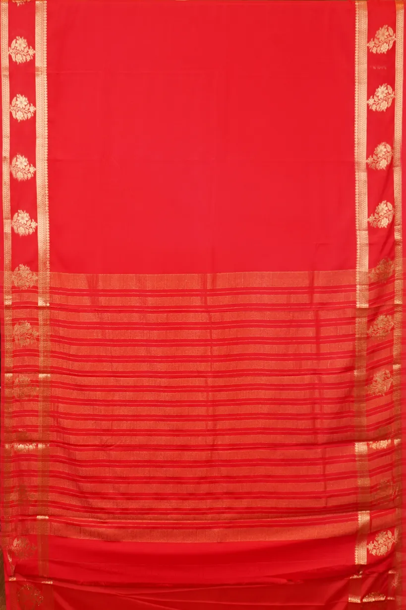 Vermilion Red Semi Mysore Silk Saree with Floral Zari Border