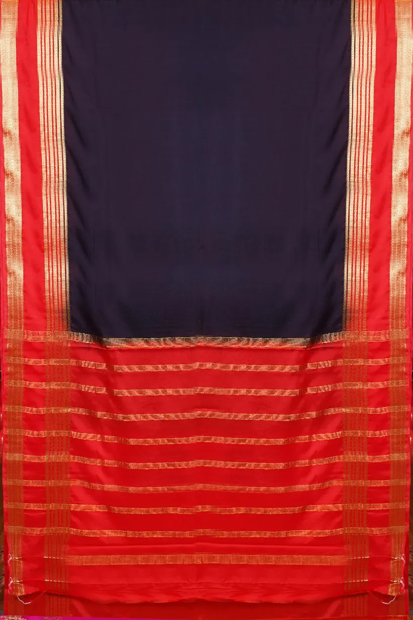 Navy Blue Semi Mysore Silk Saree with Red Contrast Border