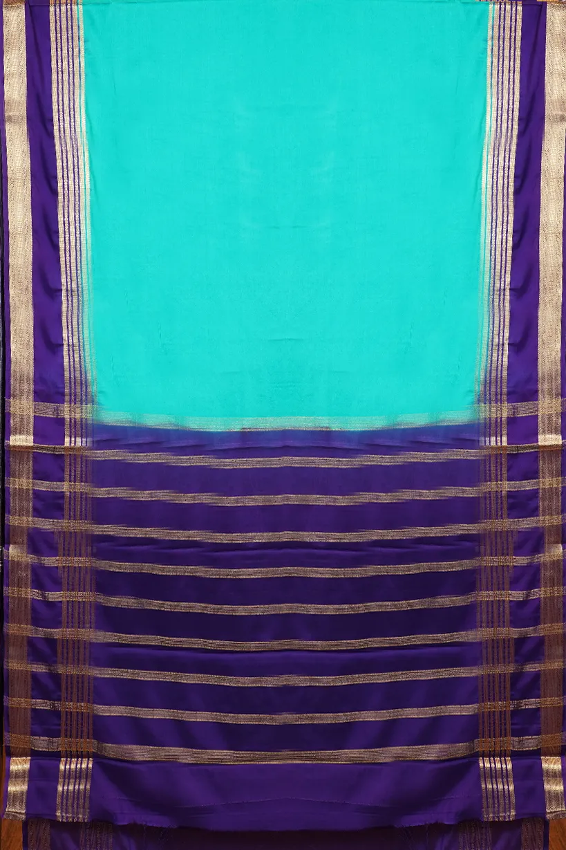 Aqua Blue Semi Mysore Silk Saree with Purple Contrast Border
