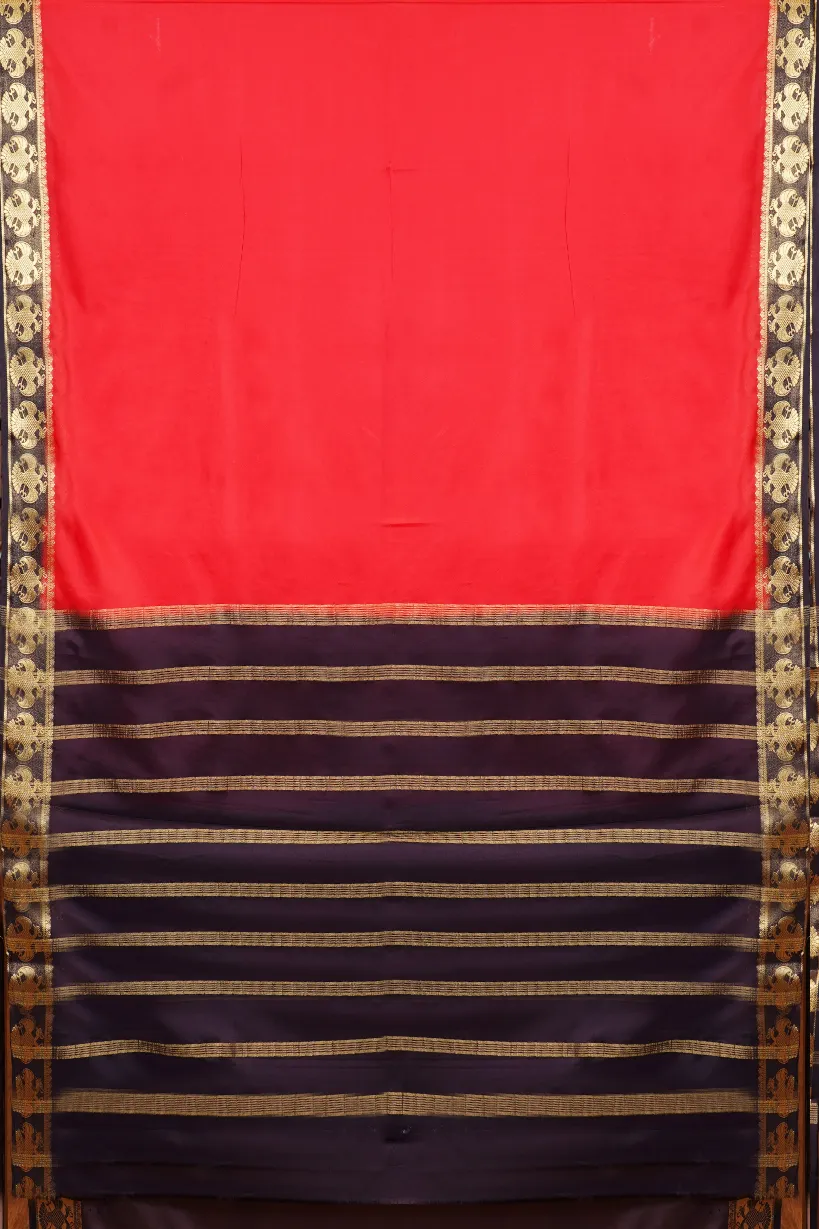 Red Semi Mysore Silk Saree with Navy Blue Contrast Border