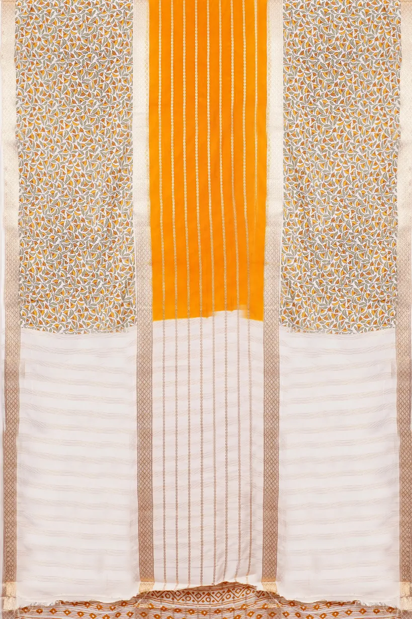 Mustard Printed Linen Saree with Ivory Border