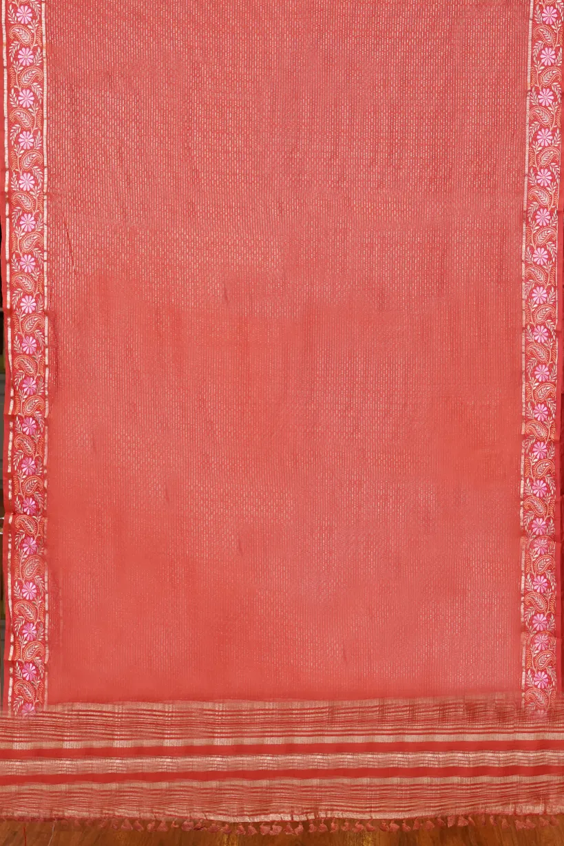 Coral Pink Semi Raw Saree with Floral Woven Border
