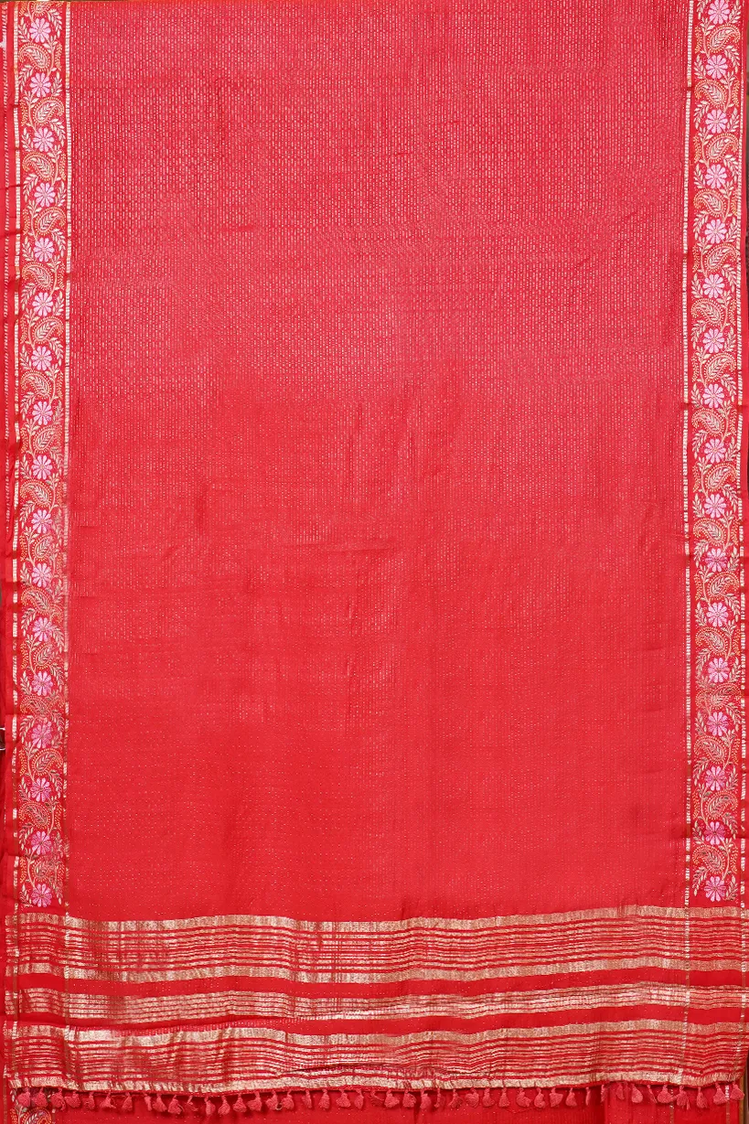 Bright Red Semi Raw Silk Saree with Floral Woven Border