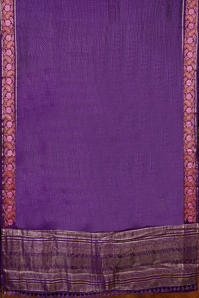 Royal Purple Semi Raw Silk Saree with Floral Zari Border
