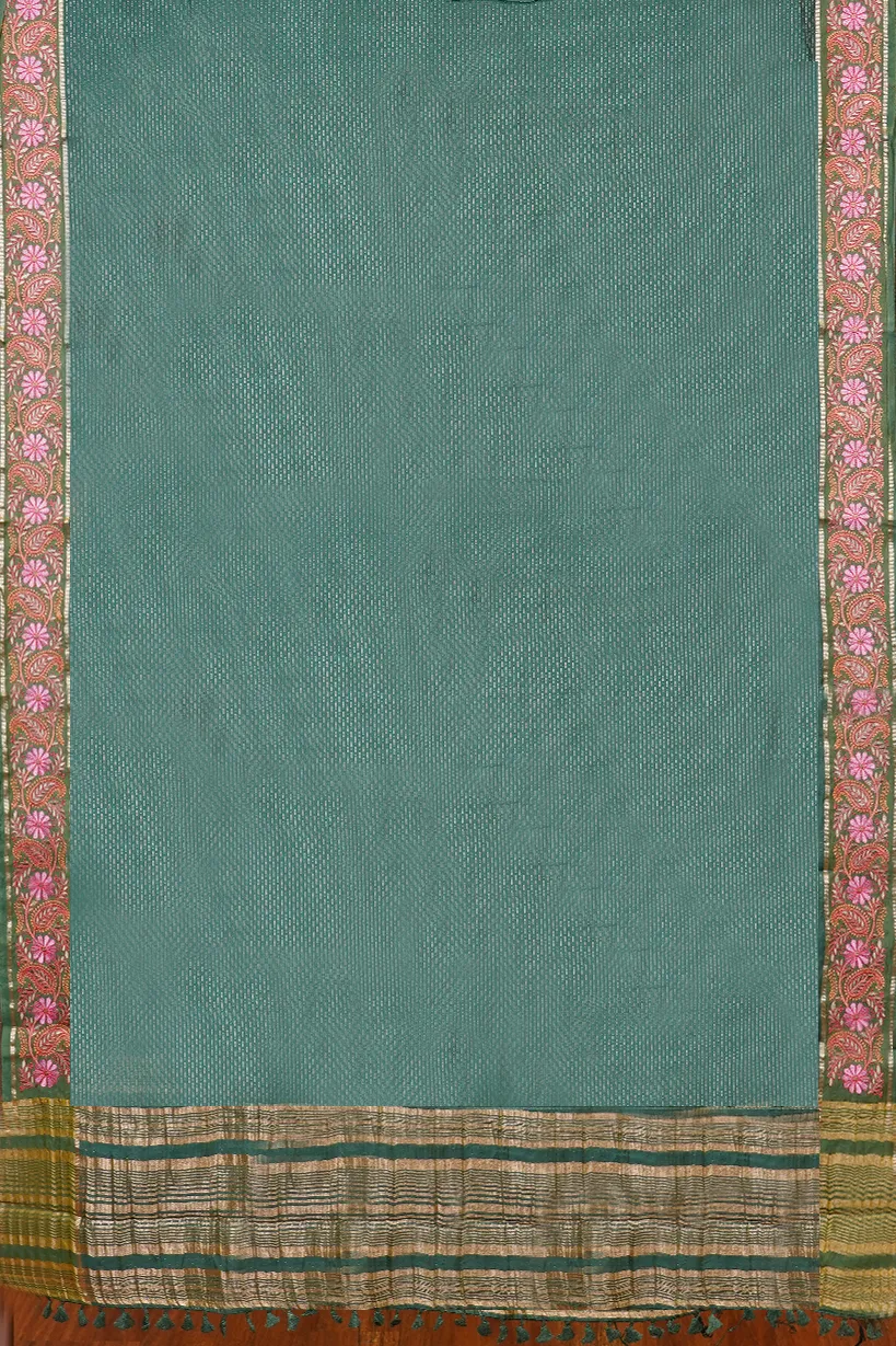 Sea Green Semi Raw Silk Saree with Floral Zari Border