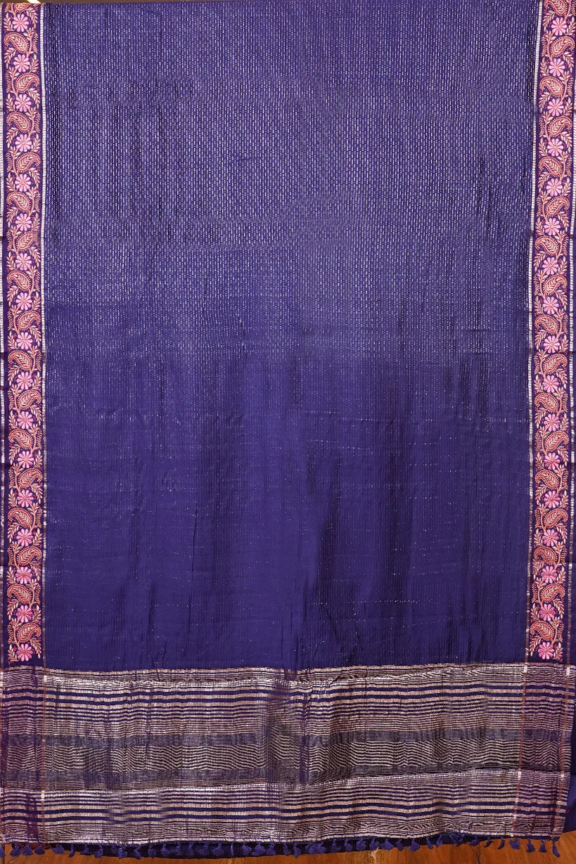 Navy Blue Semi Raw Silk Saree with Floral Zari Border