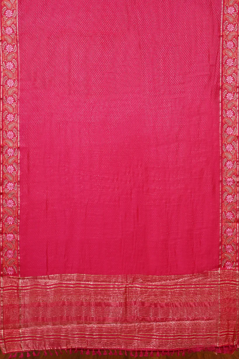 Rani Pink Semi Raw Silk Saree with Floral Zari Border