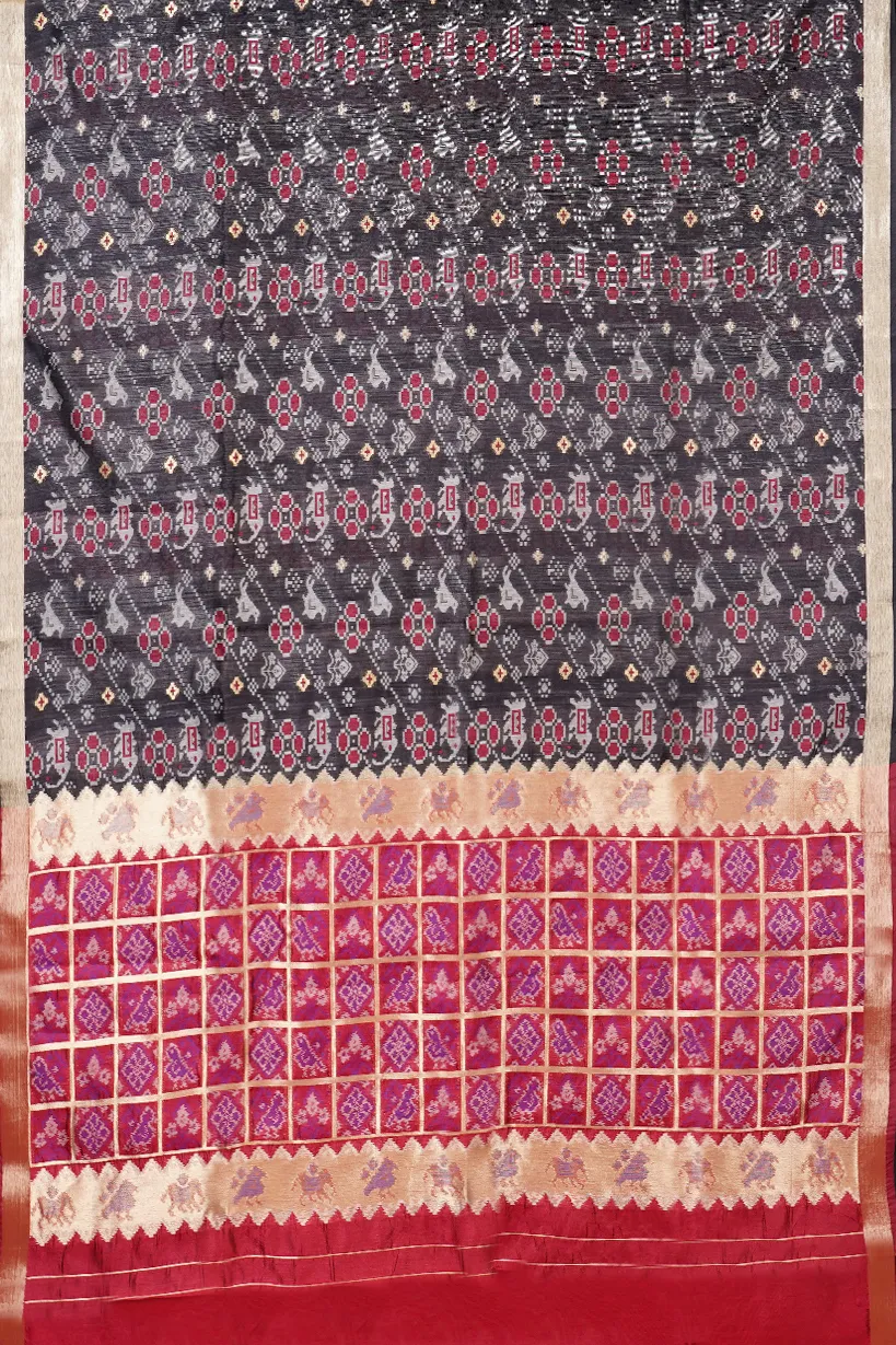 Charcoal Black Semi Raw Silk Saree with Traditional Ikat Inspired Weaves