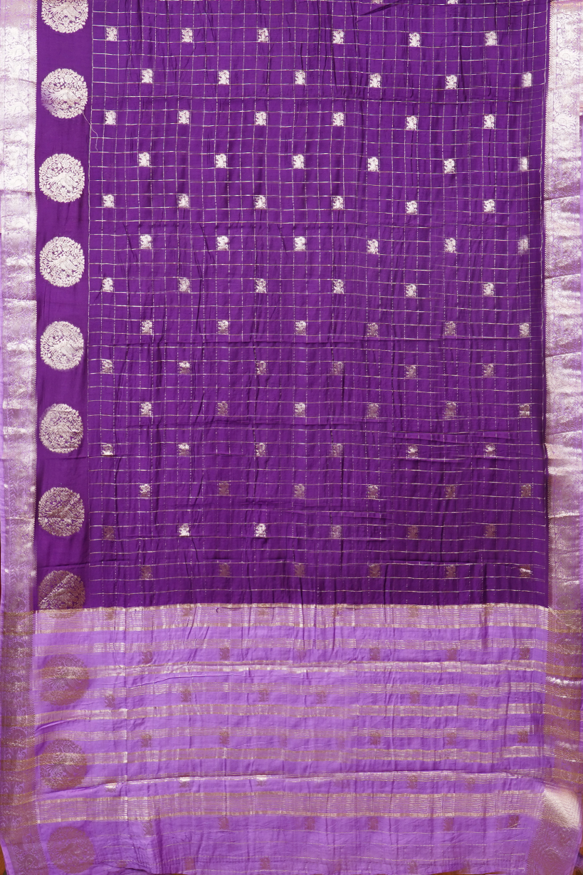 Royal Purple Semi Raw Silk Saree with Silver Zari Checks