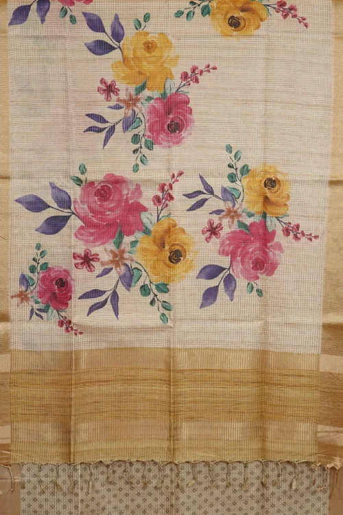 Golden Beige Floral Bloom Semi Tussar Silk Saree