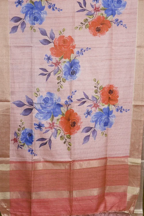 Dusty Peach Vintage Floral Semi Tussar Silk Saree