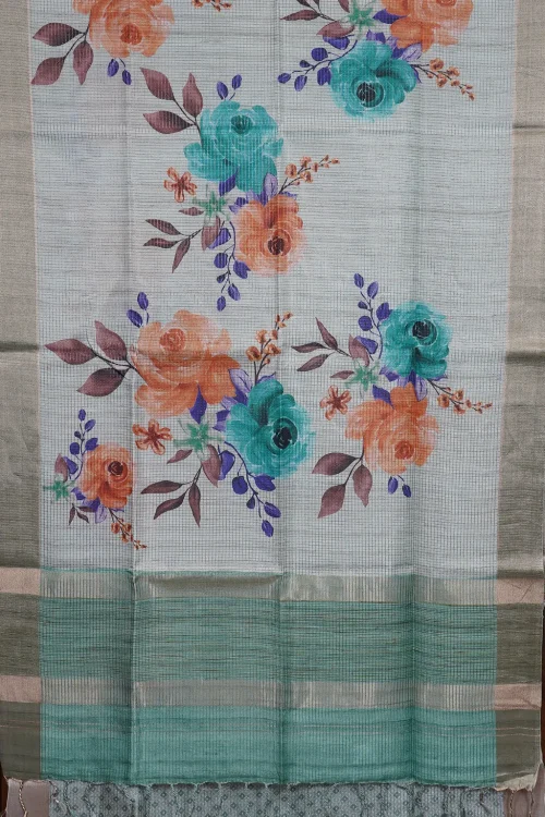 Mint Green Pastel Floral Semi Tussar Silk Saree