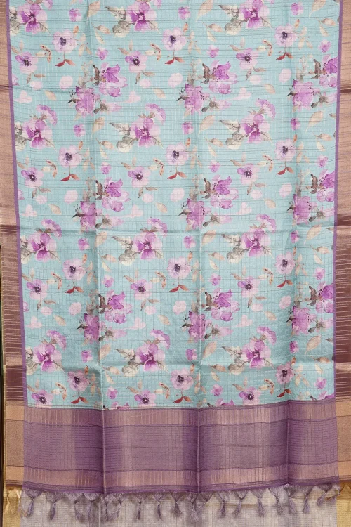 Powder Blue Lavender Floral Semi Tussar Saree