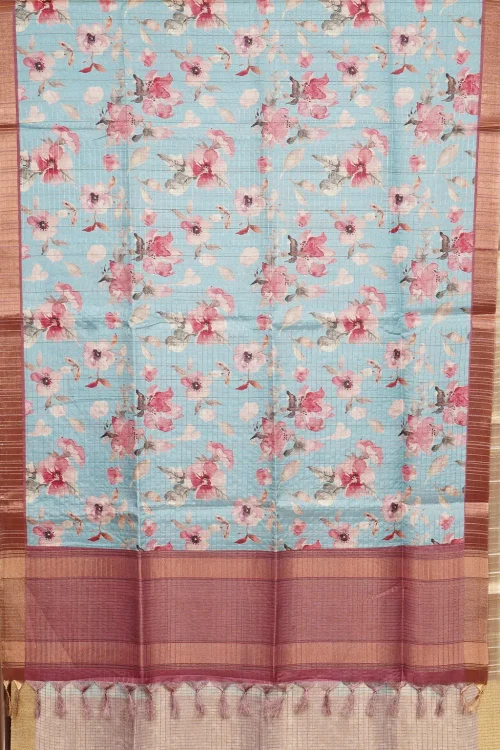 Aqua Blue Rose Floral Semi Tussar Saree