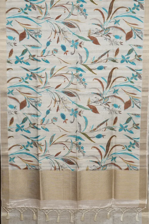 Cream Blue Botanical Print Semi Tussar Saree