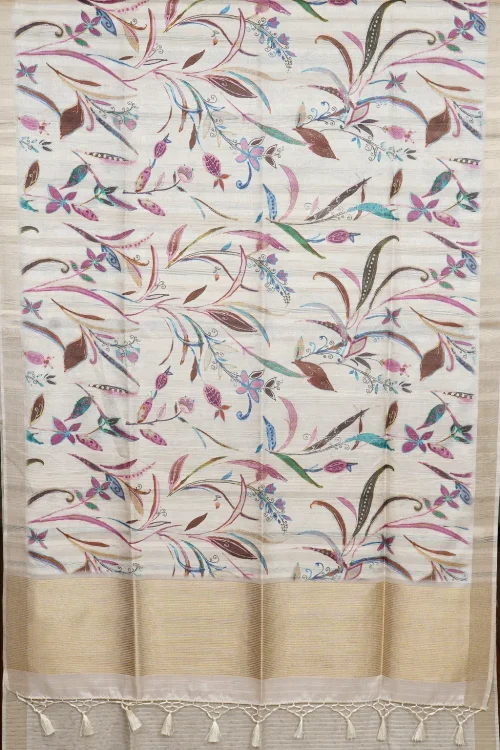 Beige Pastel Botanical Semi Tussar Saree