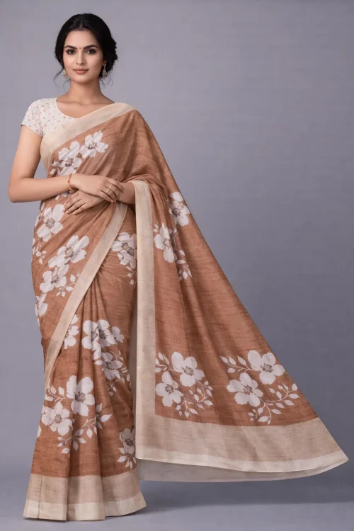 Mustard Cream Floral Semi Tussar Saree