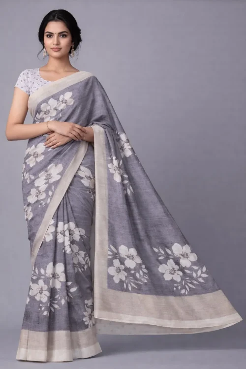 Ash Grey Cream Floral Semi Tussar Saree