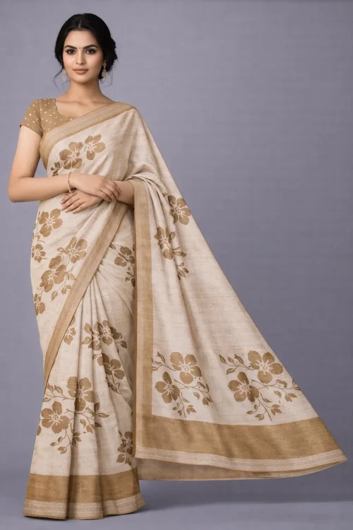 Beige Mehendi Green Floral Semi Tussar Saree
