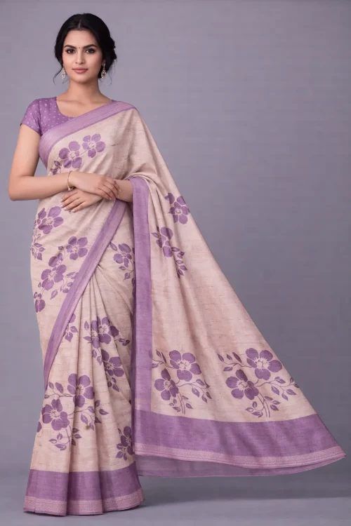 Beige Purple Floral Semi Tussar Saree