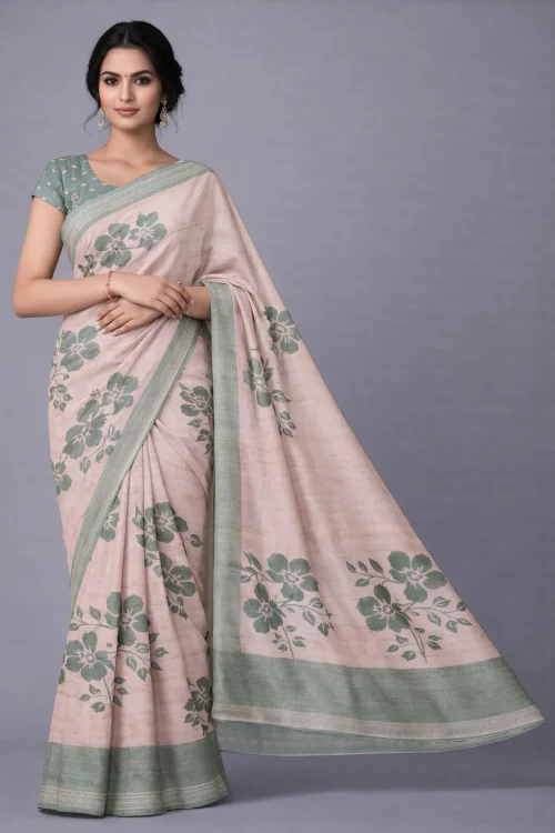 Beige Rust Floral Semi Tussar Saree