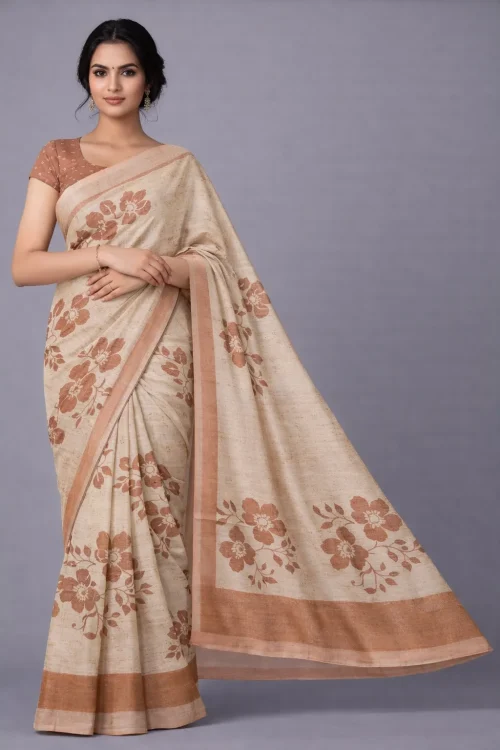 Beige Chickoo Floral Semi Tussar Saree