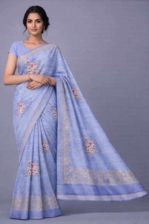 Powder Blue Semi Tussar Embroidered Saree