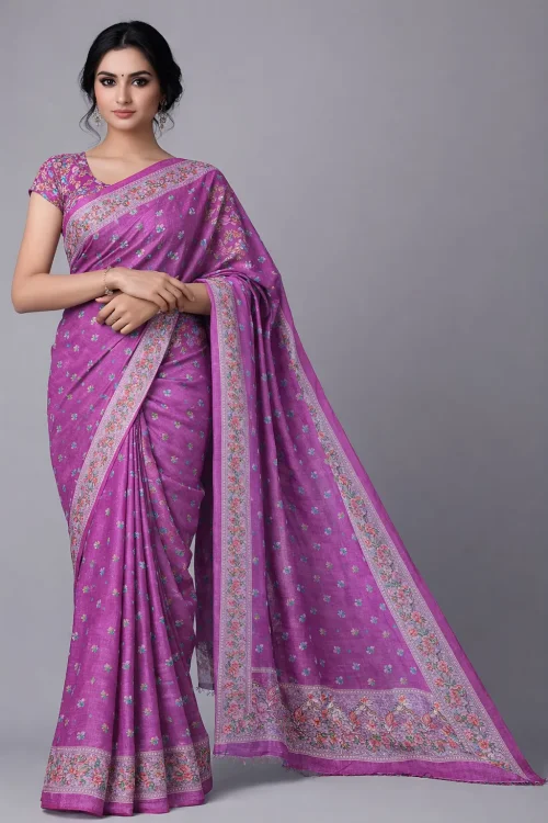 Orchid Purple Semi Tussar Embroidered Saree