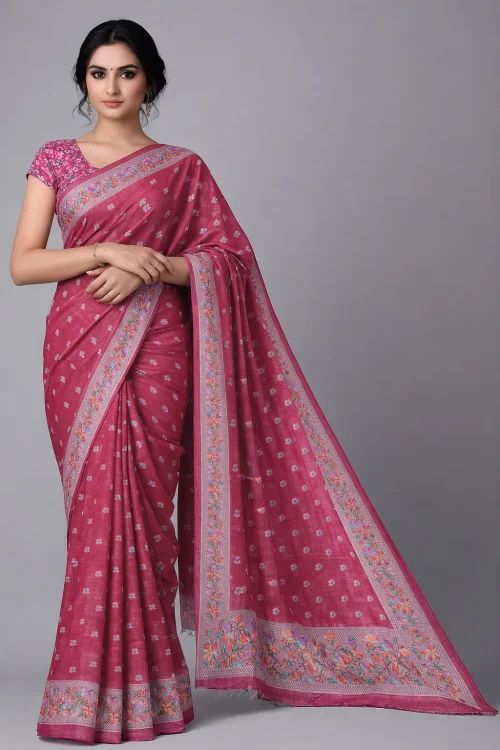 Deep Rose Pink Semi Tussar Embroidered Saree