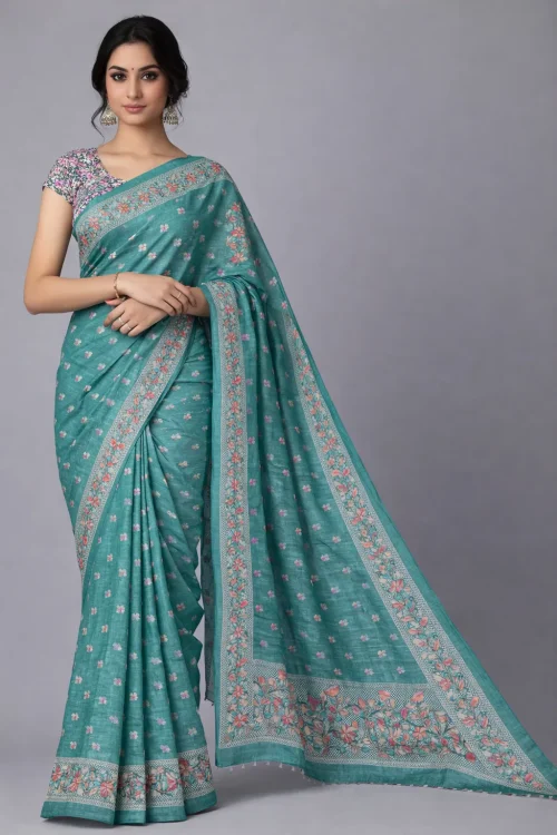 Teal Green Semi Tussar Embroidered Saree