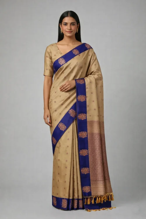 Chickoo & Royal Blue Semi Soft Silk Saree