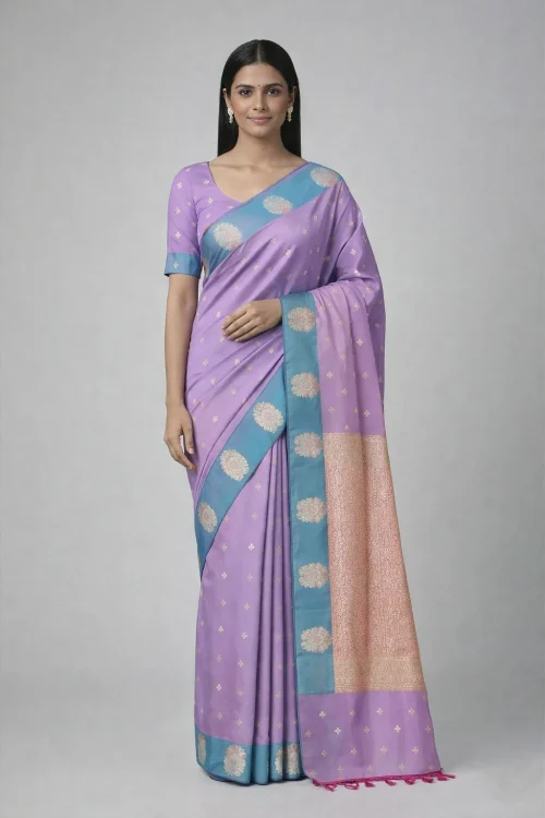 Light Lavender & Teal Green Semi Soft Silk Saree