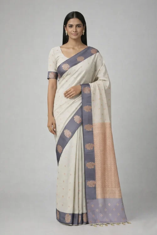 Off White & Grey Semi Soft Silk Saree