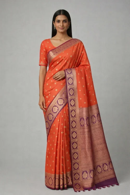 Rust Orange & Wine Semi Soft Silk Saree – Festive Fire