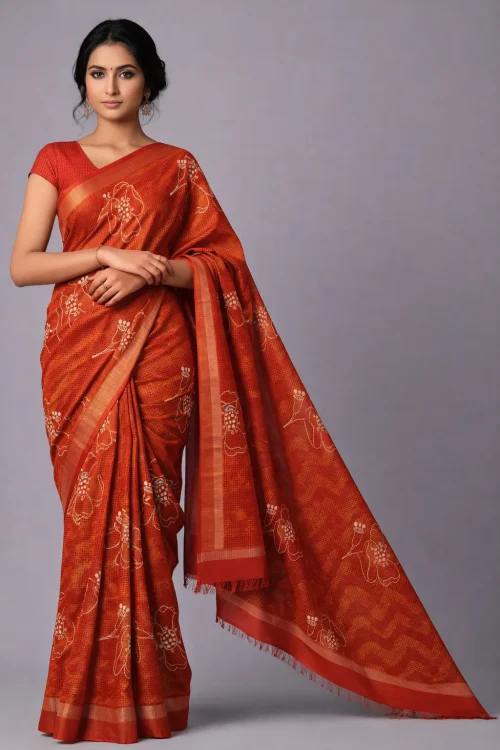 Rust Kota Checks Rajasthani Saree – Earthy Charm