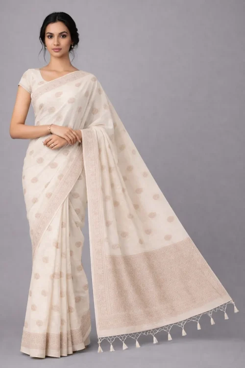 Ivory Semi Raw Silk Saree – Timeless Minimal Glow