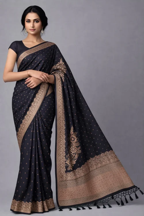 Black Semi Raw Silk Saree – Classic Bold Luxe