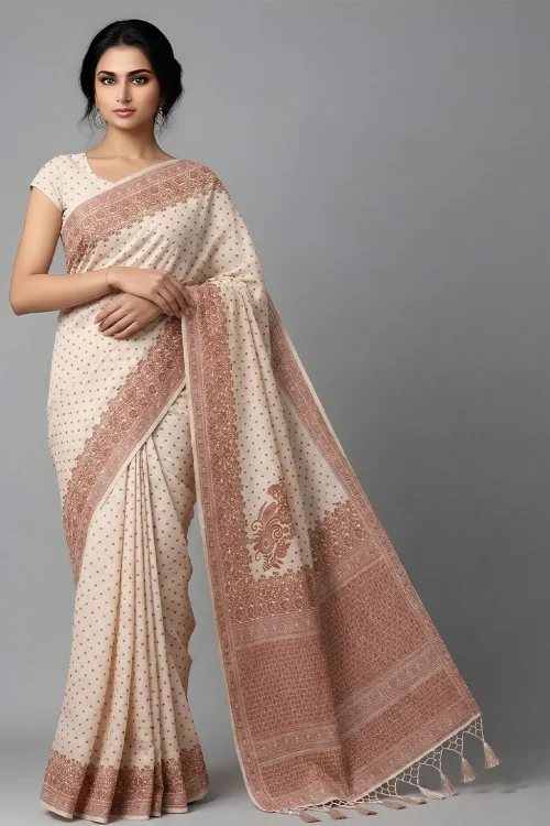 Beige Semi Raw Silk Saree – Soft Vintage Charm