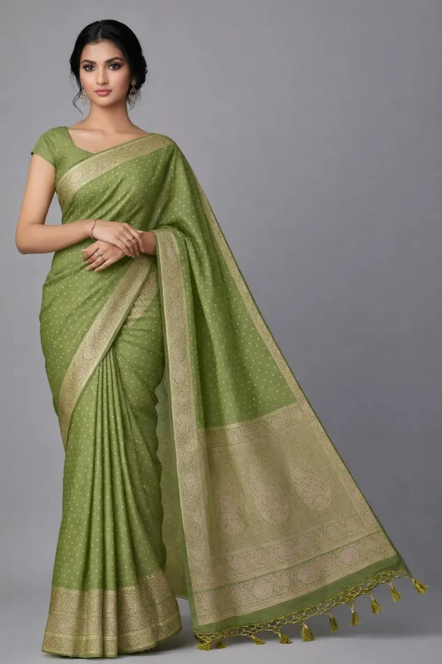 Olive Green Semi Raw Silk Saree – Earthy Luxe Vibe