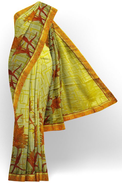 sri kumaran stores brasso saree yellowish green saree with red border 1