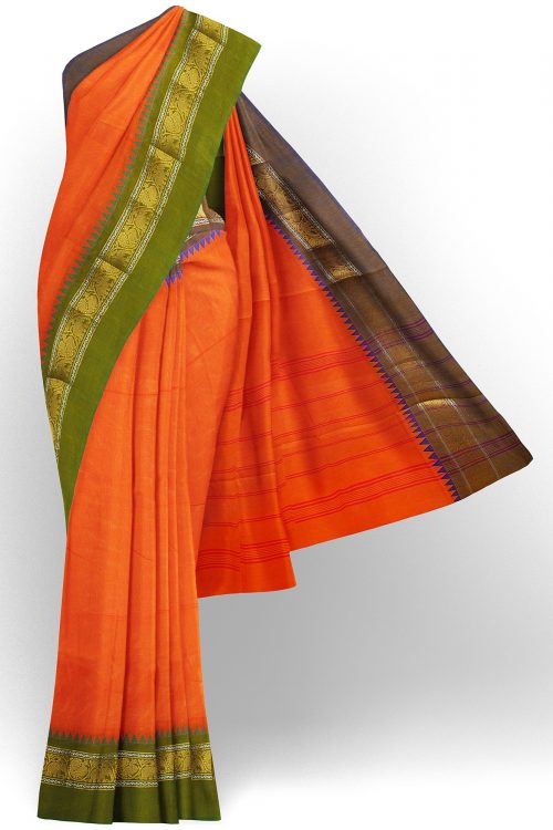 sri kumaran stores chettinad cotton bright orange saree with golden border 1