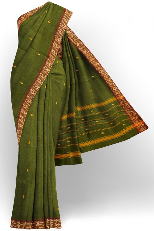 sri kumaran stores chettinad cotton dark green saree with golden brown border 1