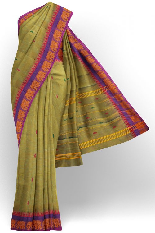sri kumaran stores chettinad cotton dark yellow saree with purple border 1