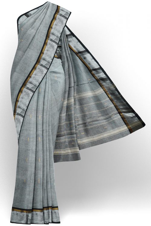 sri kumaran stores chettinad cotton grey saree with silver border 1