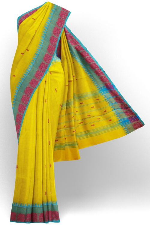 sri kumaran stores chettinad cotton yellow saree with sky blue maroon border 1