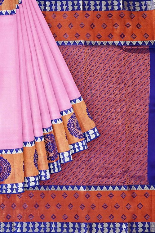 sri kumaran stores kanchipuram silk saree baby pink saree with copper blue border 1