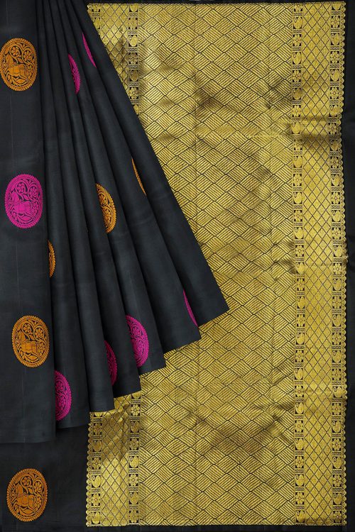 sri kumaran stores kanchipuram silk saree black saree with black border 1 1