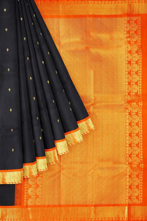 sri kumaran stores kanchipuram silk saree black saree with golden orange border 1
