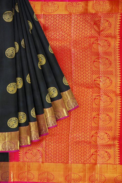 sri kumaran stores kanchipuram silk saree black saree with golden pink border 1
