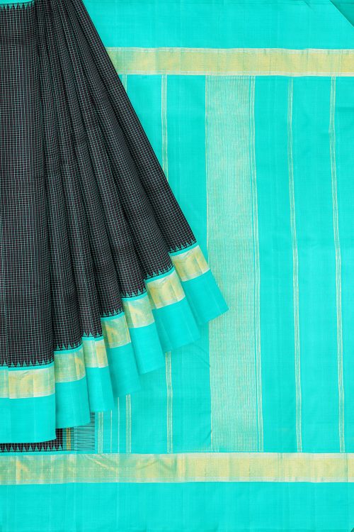 sri kumaran stores kanchipuram silk saree black saree with sky blue border 1
